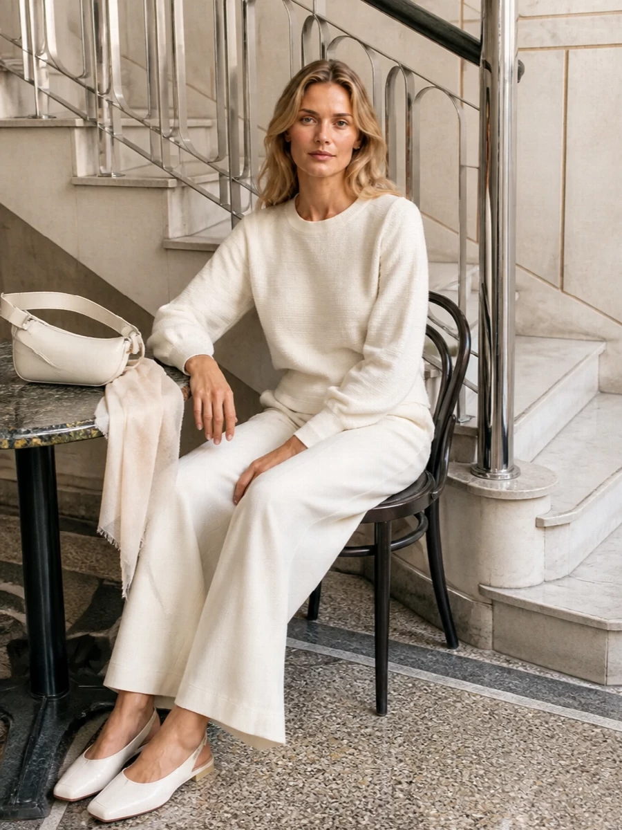 Emporio armani ivory knit wide leg trousers outfit
