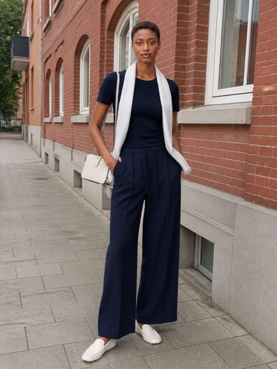 Parosh navy tee wide leg trousers tods loafers