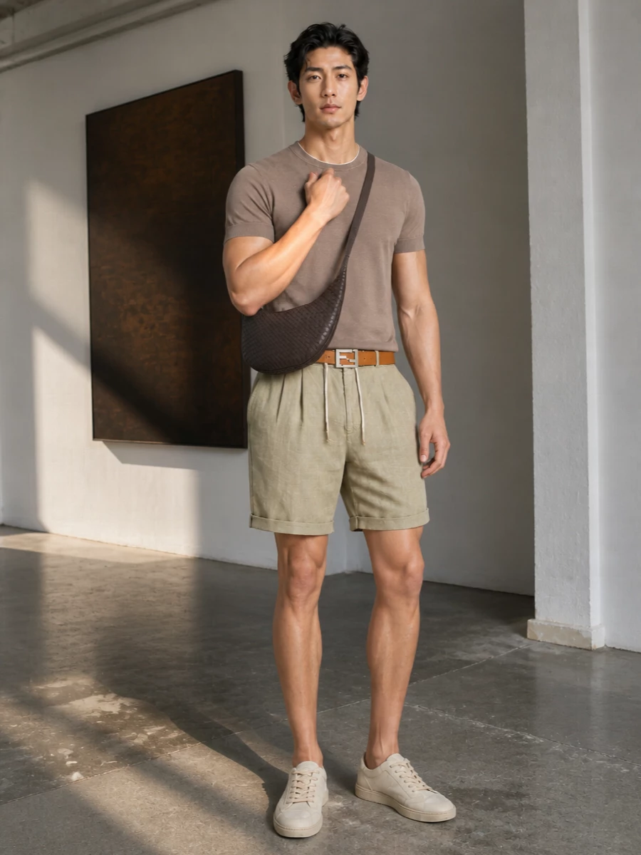 This look leans into Brunello’s sunlit neutrals: the fine-gauge taupe knit is paired with softly pleated stone-beige shorts for an elevated yet effortless SS silhouette. Sand suede sneakers and a camel suede belt keep the palette warm and tonal, while the espresso intrecciato crossbody introduces a discreet architectural note that finishes the outfit with quiet confidence.
