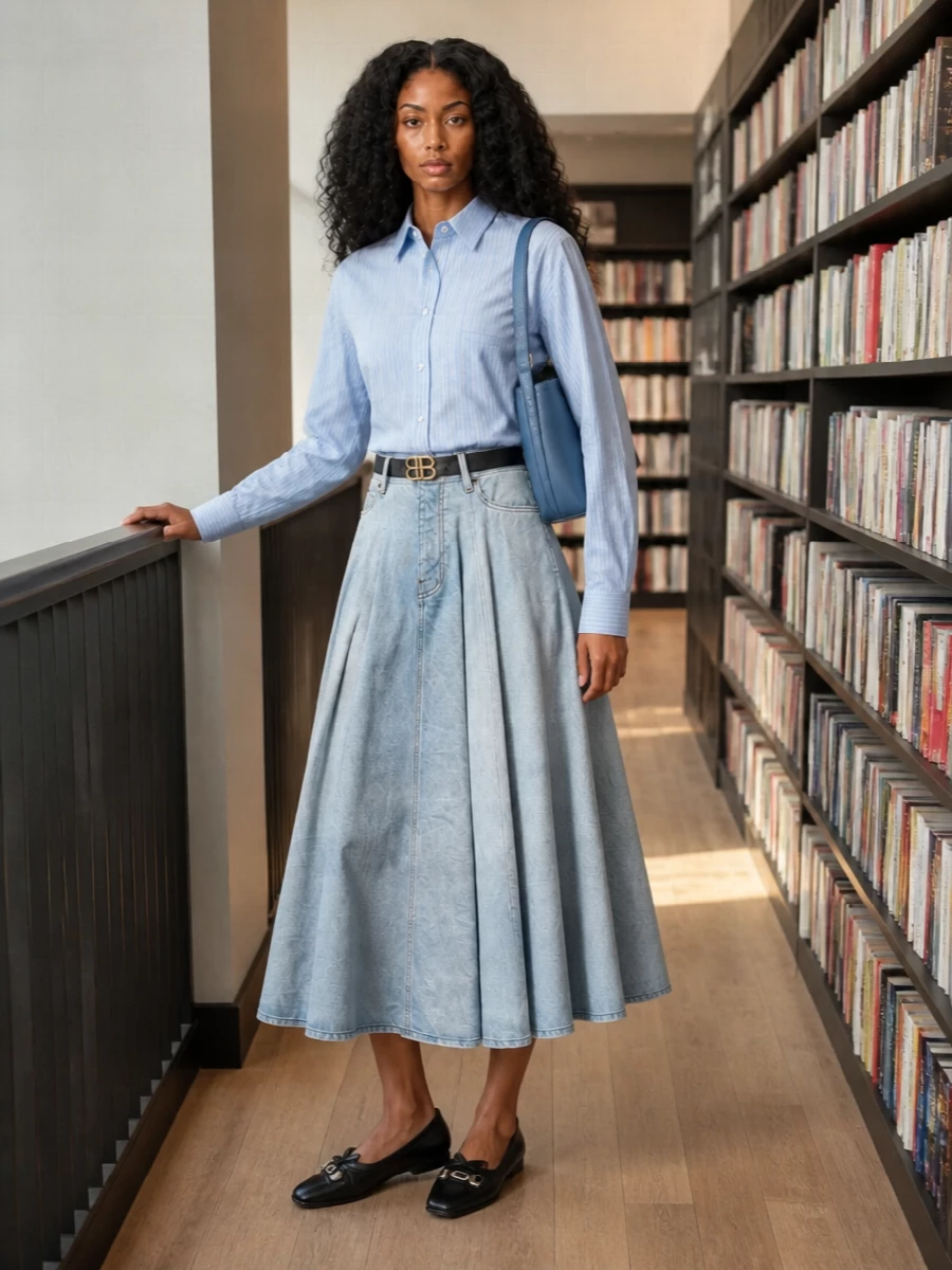 Balenciaga denim midi skirt striped shirt outfit