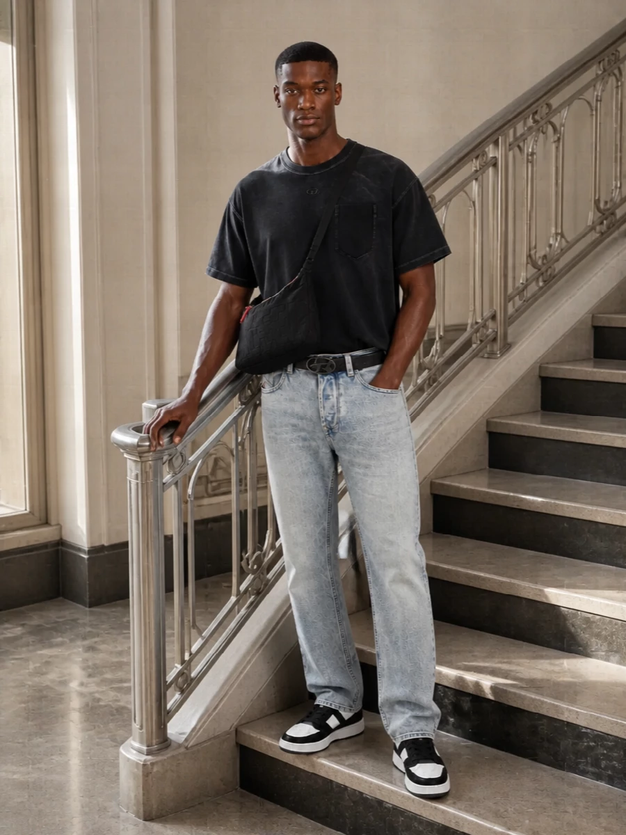 Diesel jeans washed black tee sneakers outfit