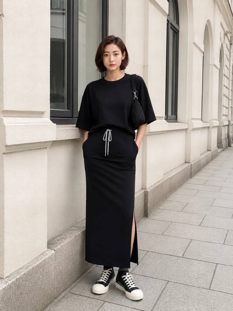 An oversized black tee falls against a sleek high-waisted column skirt, turning volume over lean into a quiet, architectural statement. Graphic low-top sneakers and a compact hobo bag keep the mood grounded and urban, while the tabi socks add a discreet, insider twist at the ankle. The result is a monochrome Rick uniform that feels strict, mobile, and deliberately underplayed for day-to-night city wear.