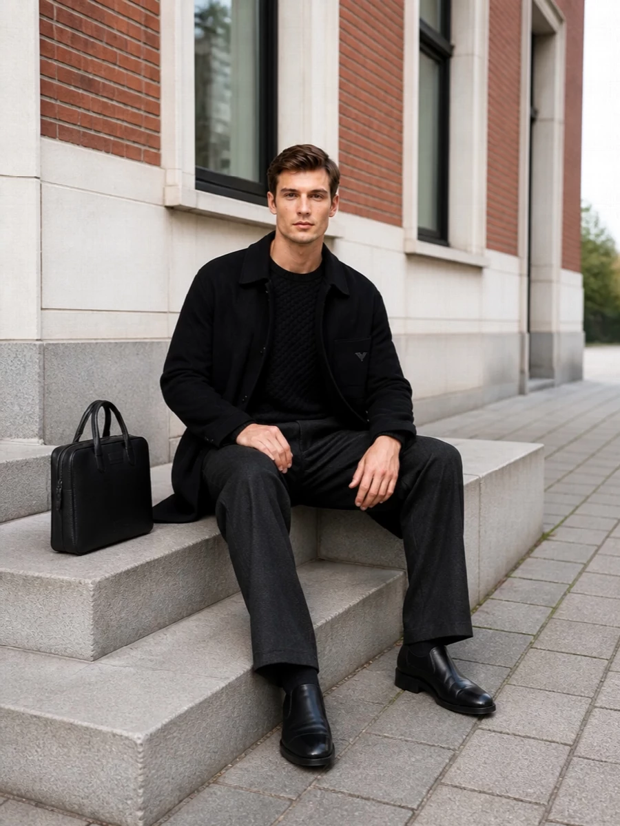 Emporio armani black coat wide leg trousers outfit