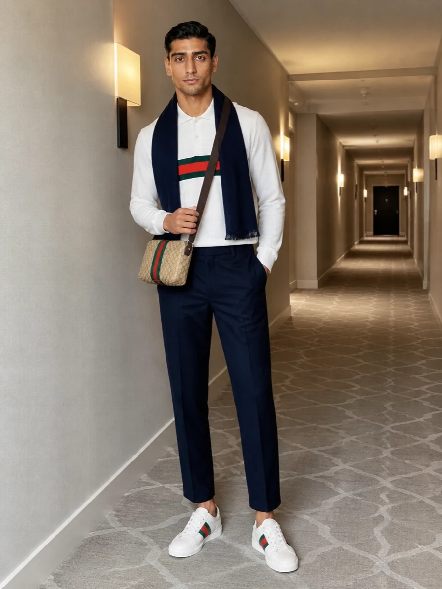 Gucci web stripe polo navy trouser outfit