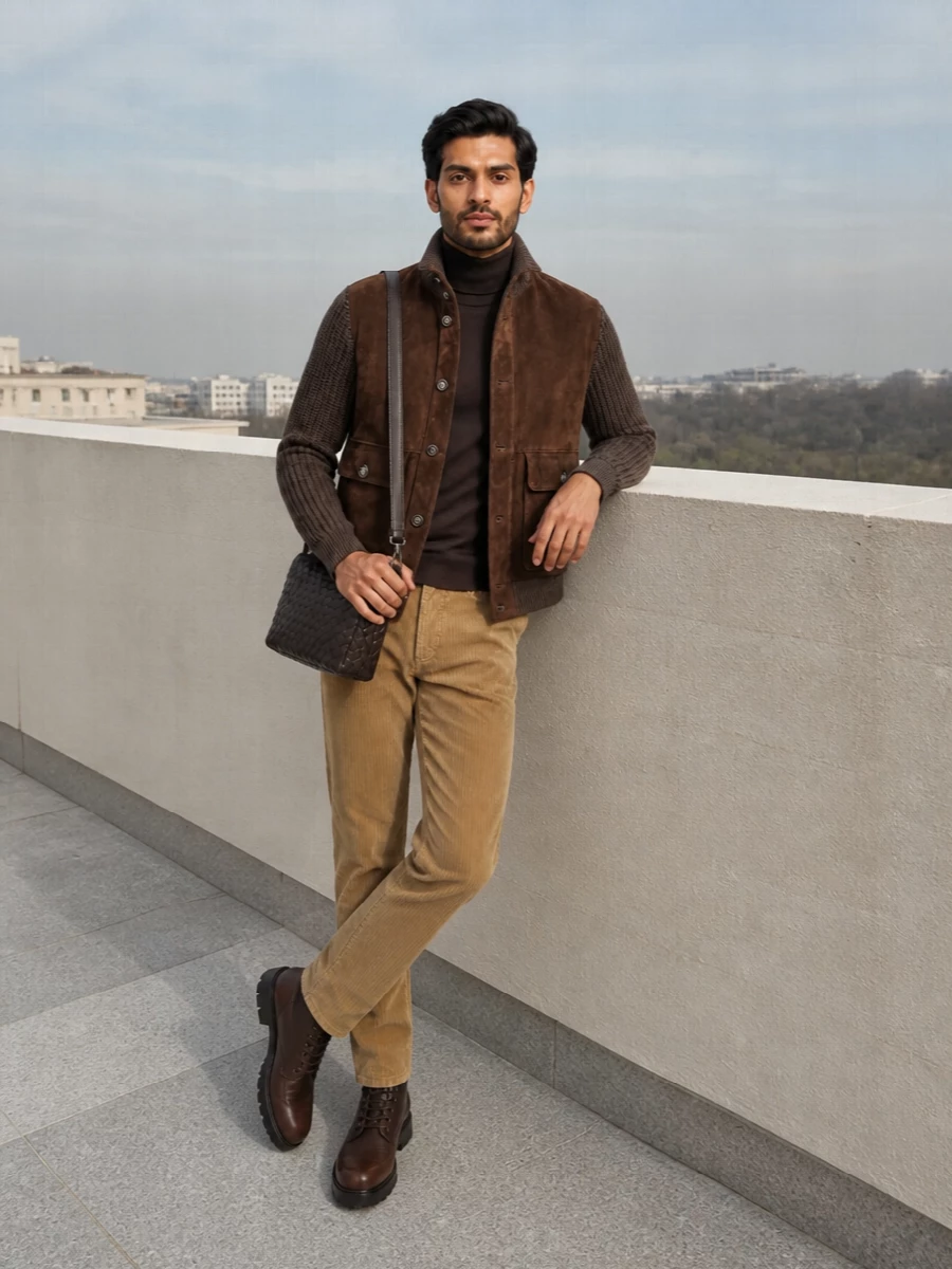 Brunello cucinelli brown suede jacket outfit