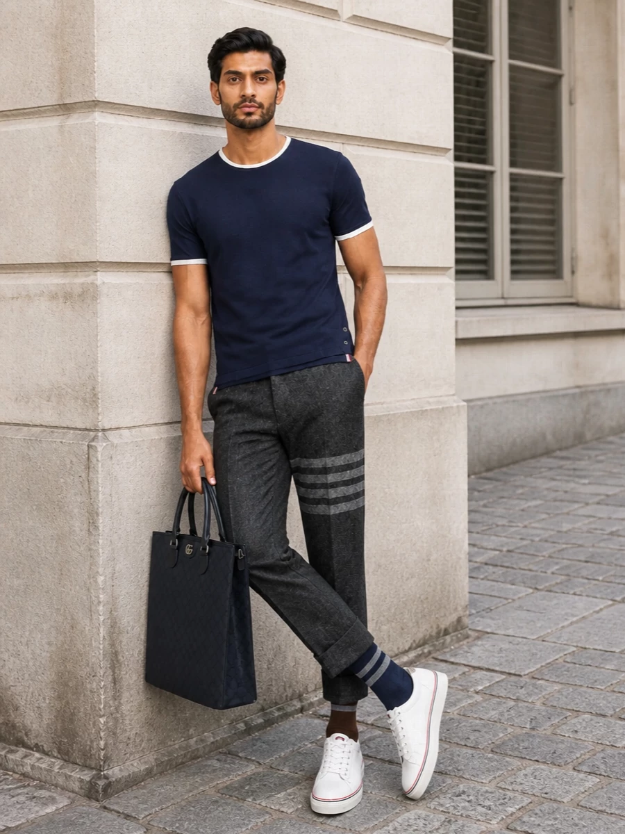 Thom browne navy tee cropped trousers outfit