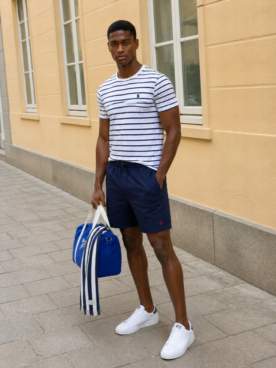 Polo ralph lauren striped tee navy shorts outfit