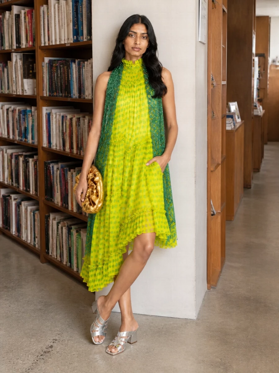 Dries van noten neon chiffon dress metallic accessories