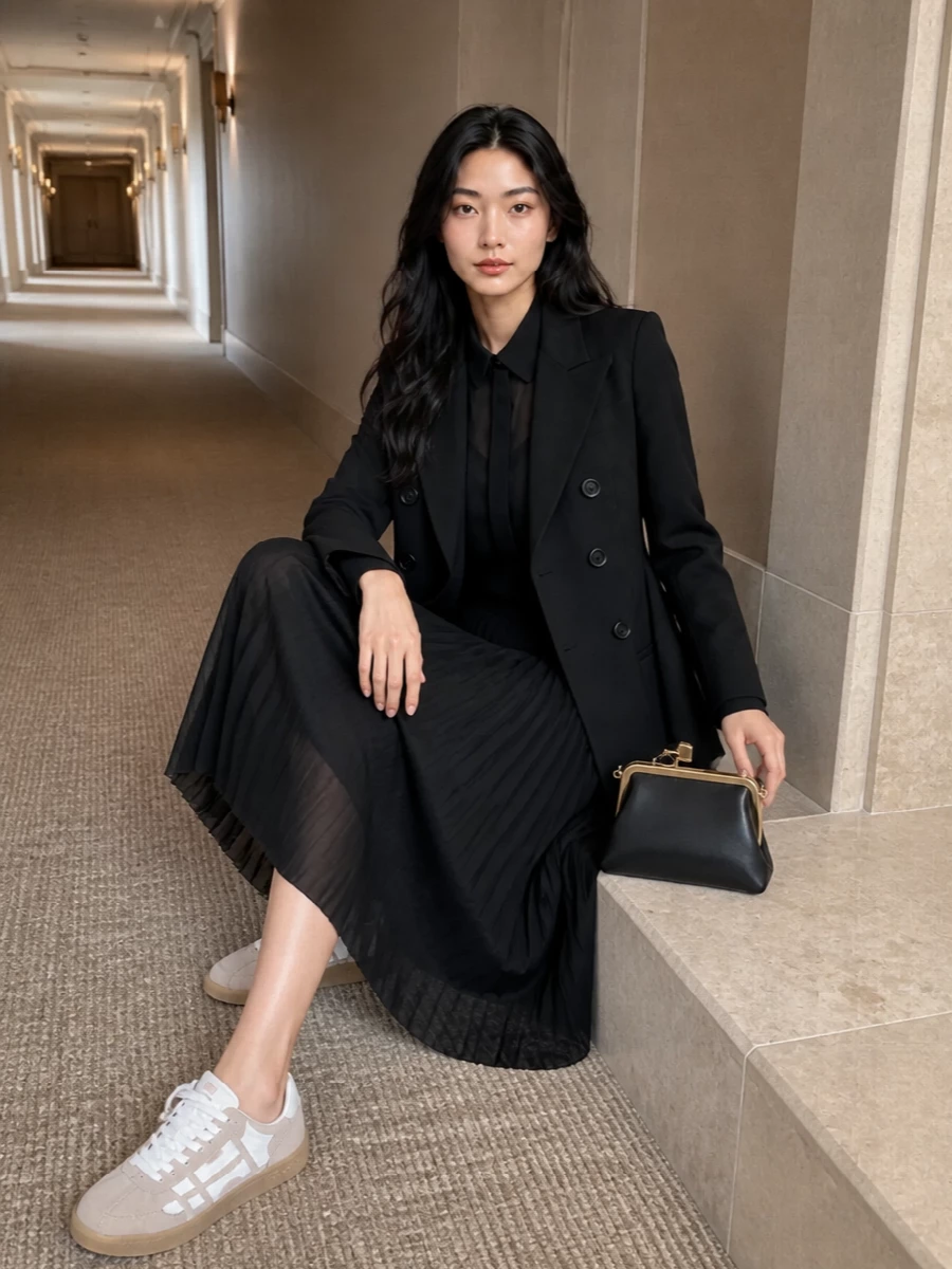 I chose the dress path, because layering another tailored top-and-trouser under this sculpted Ami blazer would feel heavy and redundant, whereas a single black shirt dress keeps the tailoring focus clean. The sheer-sleeve pleated midi introduces lightness and movement under the strong shoulders, while the neutral sneakers and framed black bag keep the palette tight and the mood quietly modern. It is a polished gallery-dinner composition that balances structure with ease rather than classic office tailoring.