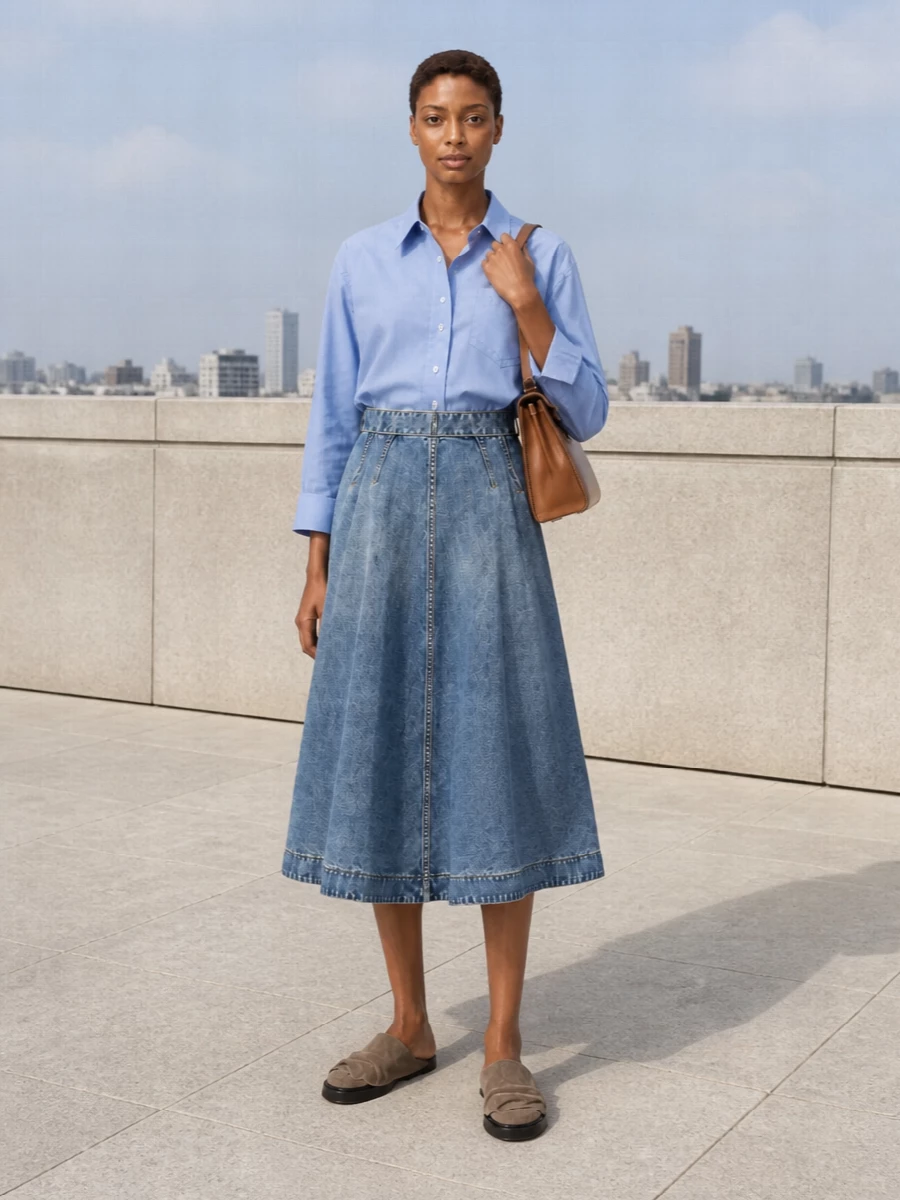 A high-waisted Dior denim midi meets a crisp sky-blue shirt for a clean, modern take on soft tailoring. Taupe suede mules keep the volume grounded and relaxed, while a structured tan satchel adds quiet polish and warmth. The result is an easy, mid-blue and neutral palette that moves effortlessly from city daytime to low-key dinners.