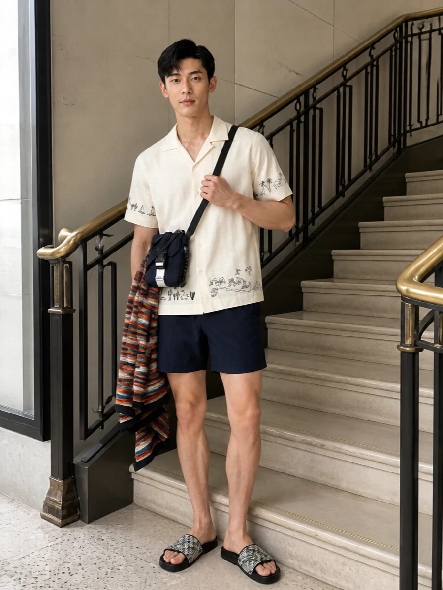 Navy swim shorts meet a soft cream embroidered camp shirt for a clean, relaxed Riviera mood that moves from lounger to lunch. Graphic Burberry slides keep it polished yet easy, while the compact A.P.C. crossbody handles your essentials without cluttering the silhouette. A striped Paul Smith towel adds just enough color to signal you are here for a proper pool day, not just a quick dip.