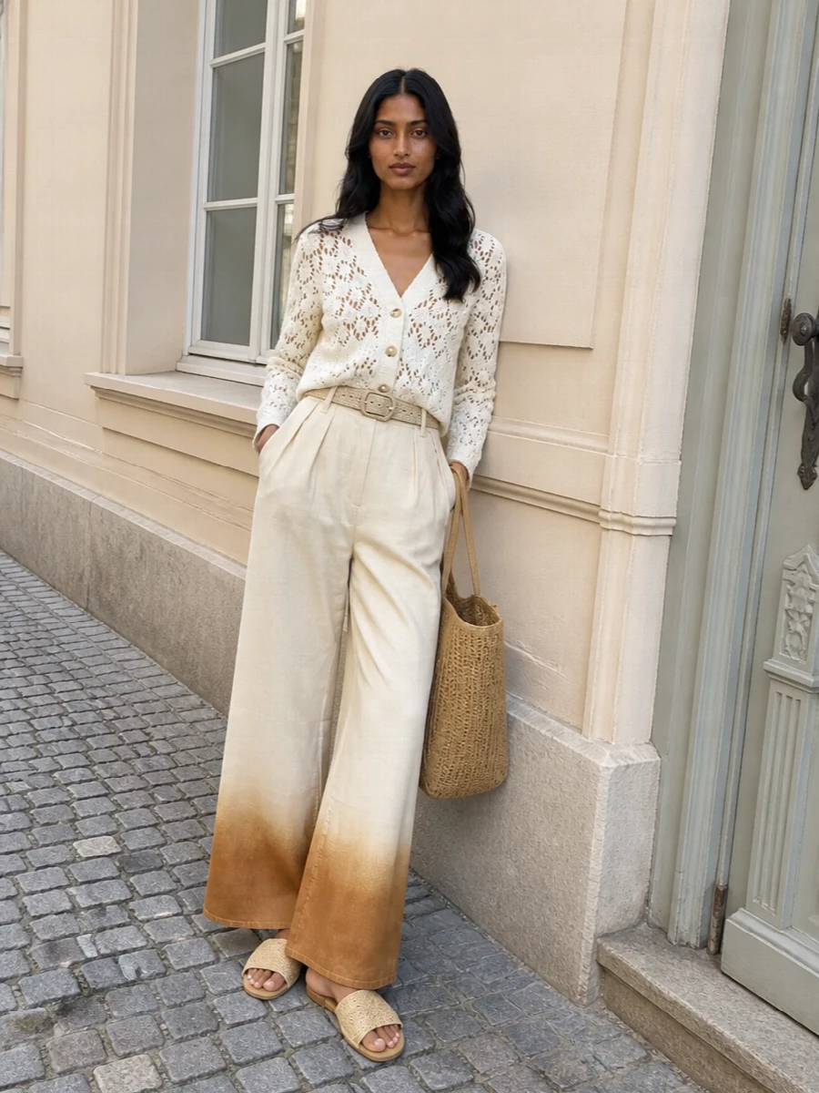 Alanui wide leg trousers crochet cardigan outfit