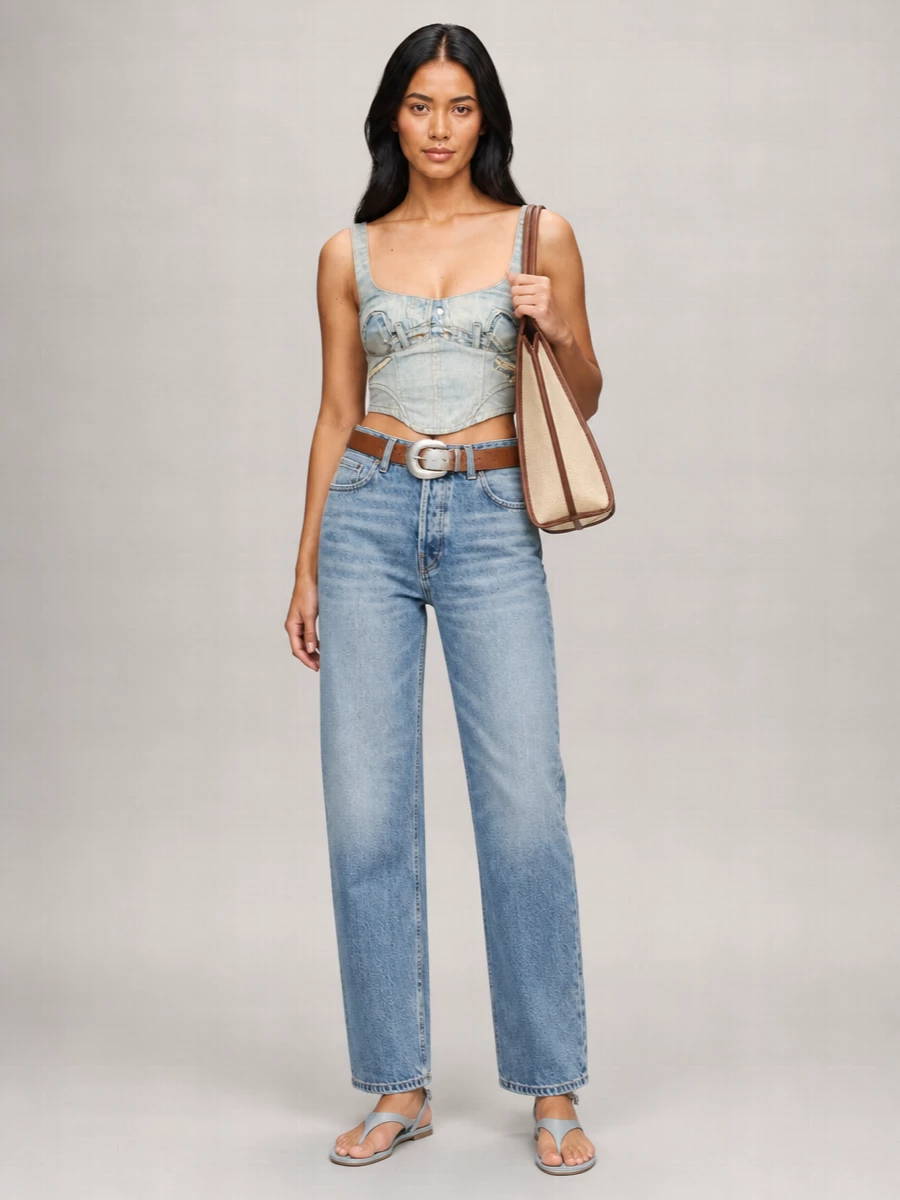 Mid-wash relaxed denim is paired with a sculpted Haikure corset top for a fresh take on double denim that still feels easy for daytime. A pale blue thong sandal and a structured oatmeal and chocolate shoulder bag keep the mood clean and unfussy, softening the corset’s edge. The tan belt ties it together at the waist, adding warmth and a focused hint of hardware against the cool blues.