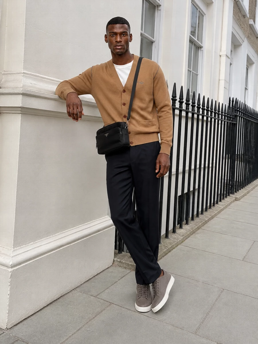 Camel and navy anchor this outfit in that understated campus‑meets‑city mood, with the tailored trouser sharpening the cardigan’s softness. Neutral taupe sneakers keep it relaxed but refined, while the structured black crossbody adds a discreet, functional edge. It is an easy uniform for days when you want polish without feeling dressed up.