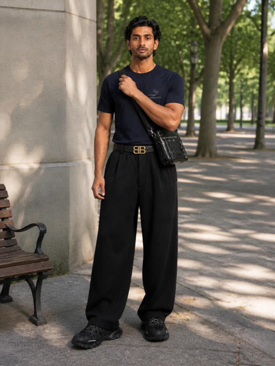 Balenciaga navy logo tee black wide leg pants