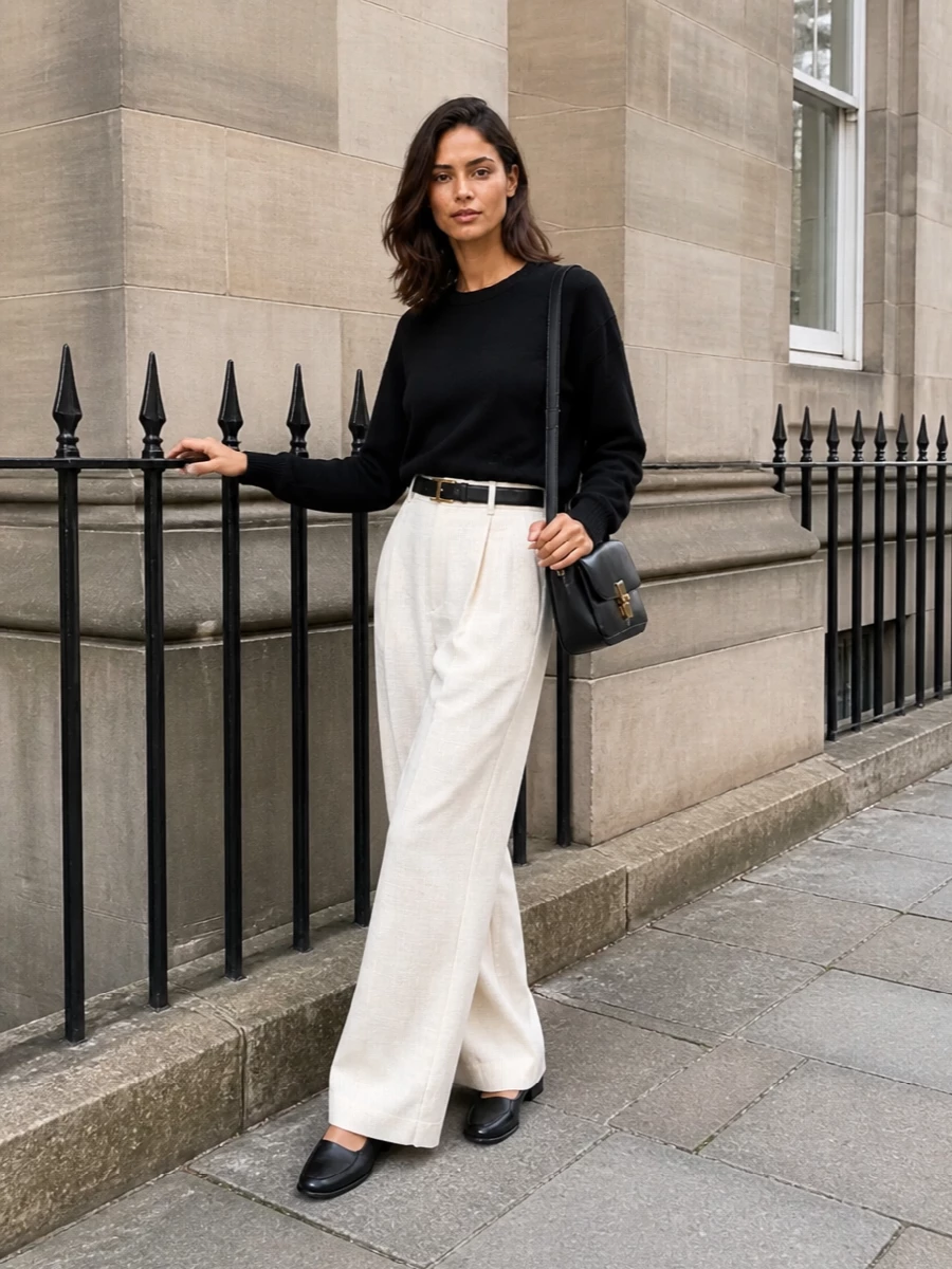 Apc cream wide leg trousers black knit outfit