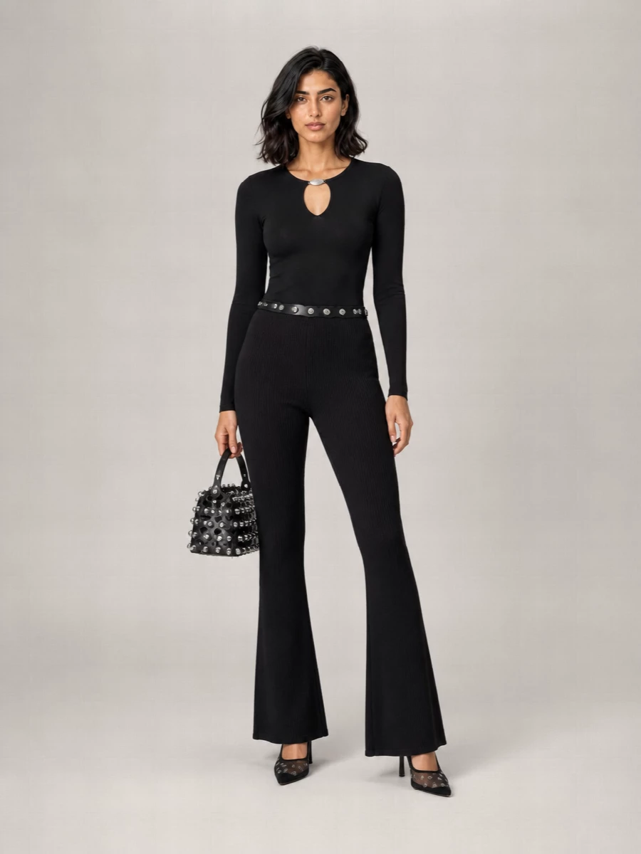 Alexander Wang 'Chain Nameplate' Flared High Waist Ribbed Pants