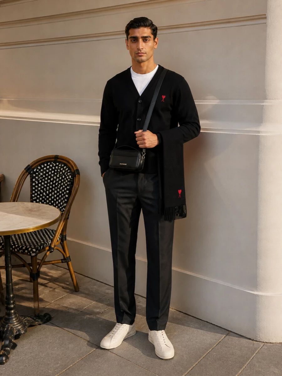 Ami paris black cardigan charcoal trousers outfit
