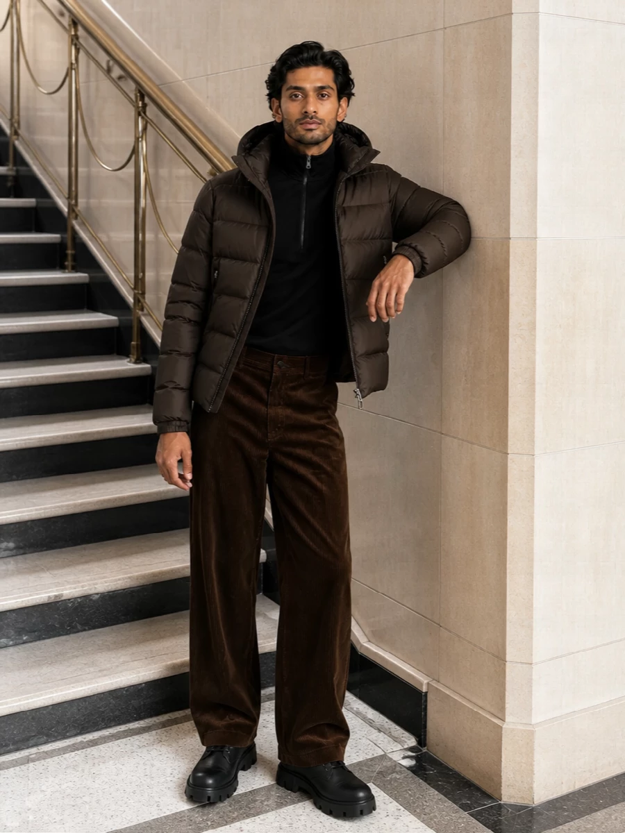 Moncler brown puffer corduroy trousers outfit