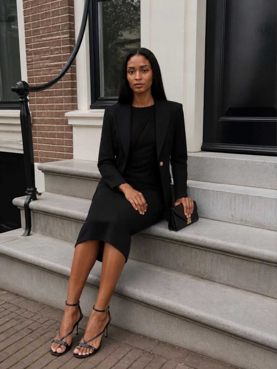 I’m anchoring this around the dress rather than top and trouser, because the blazer’s sculpted shoulders and gold button pair best with a single, graphic black column underneath. The cut-out sheath, delicate black sandals and Medusa-clasp clutch create a precise Versace evening uniform that feels powerful, minimal and season-appropriate. It reads as confident city dressing for serious dinners, hotel bars and after-dark events where tailoring still leads.