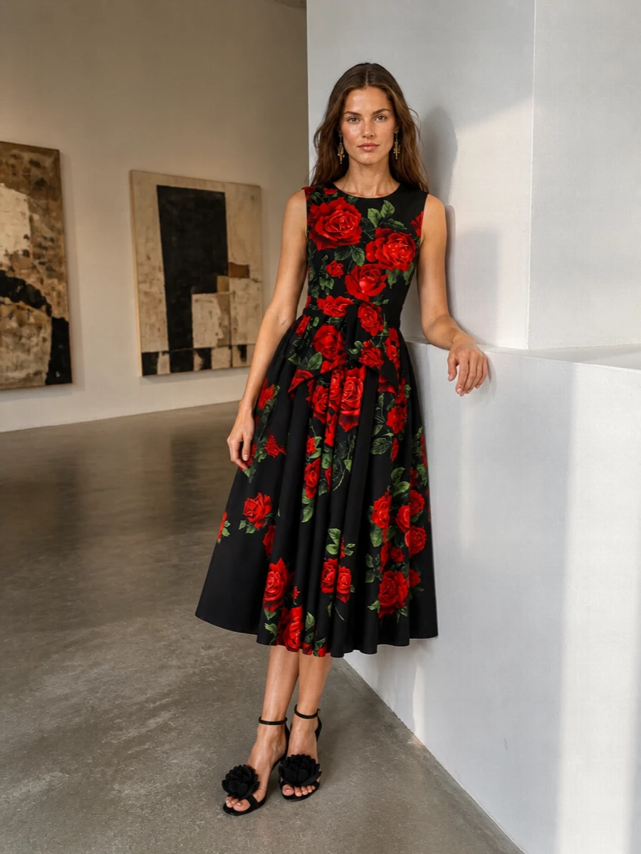 A cinematic black rose dress takes center stage, paired with sculptural black stilettos so the floral drama sits low and controlled. A simple velvet clutch and a single gold monogram earring keep the story polished and focused on the waist and sweep of the skirt. The result is unapologetically romantic, but still sharply tailored enough for serious evening invitations.