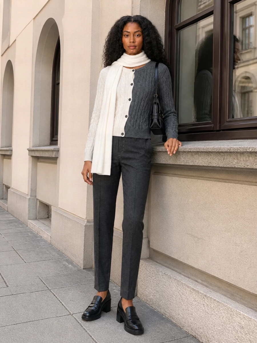 A split-tone Moschino cardigan sits over sharp high-waisted charcoal trousers for a clean, city-ready take on preppy knitwear. Chunky-heeled loafers and a slim black shoulder bag keep the lines graphic and modern, while an ivory scarf softens the palette and echoes the knit’s lighter side. The result is relaxed but considered, ideal for days that move between errands, office and dinner without a change.