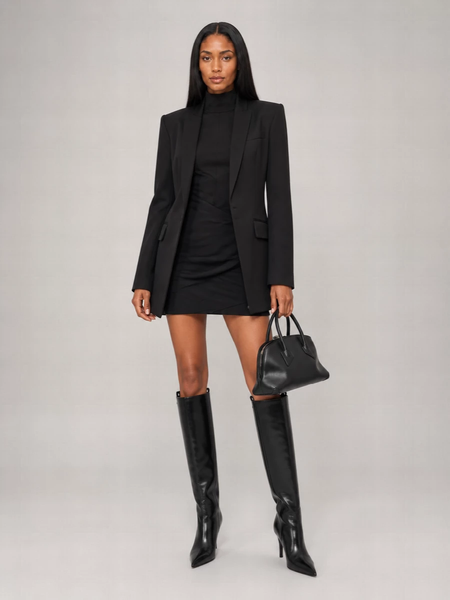 I am styling the blazer with a single, sculpted mini dress rather than split suiting, so the strong shoulders stay graphic and the neckline feels intentional and uninterrupted. The high‑neck draped mini and pointed knee‑high boots create one long, dark column under the jacket, then the small top‑handle bag finishes the outfit with precise, architectural polish for city evenings and modern cocktail events.