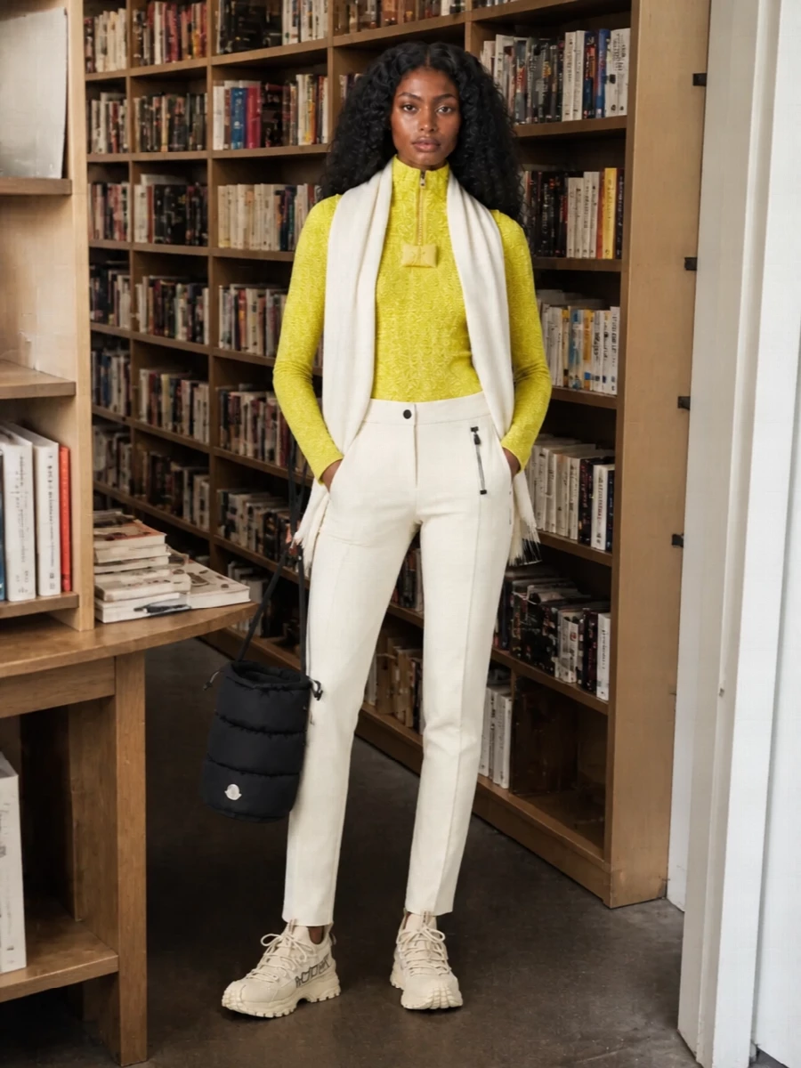 Moncler yellow half zip off white knit pants outfit