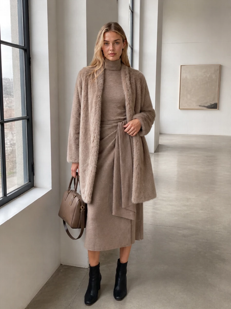 Max mara knit dress faux fur coat outfit