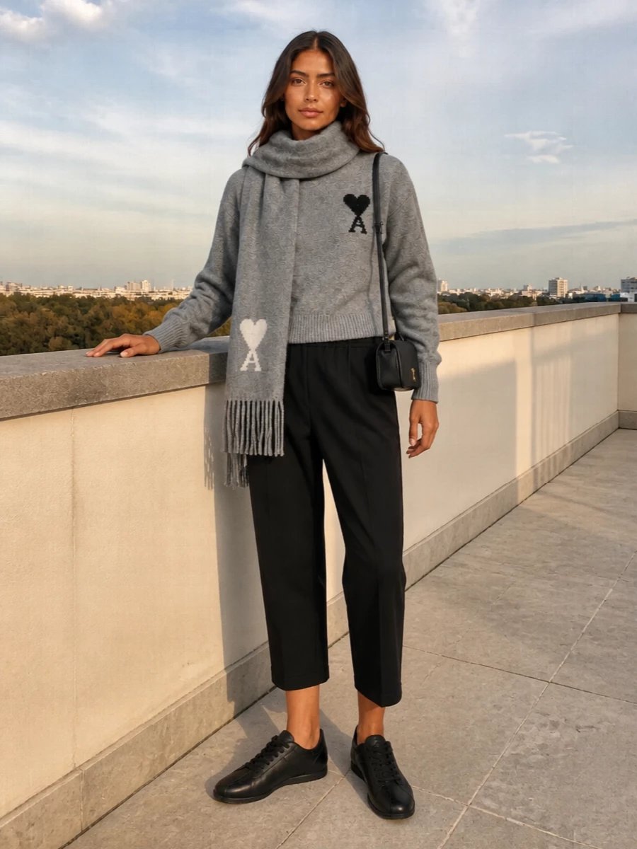 Ami grey sweater black cropped trousers outfit