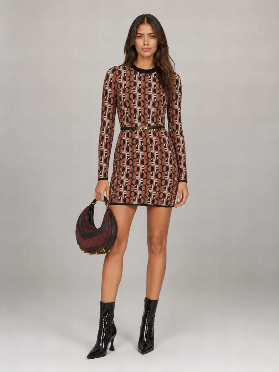 Fendi Printed Long-Sleeve Mini Dress
