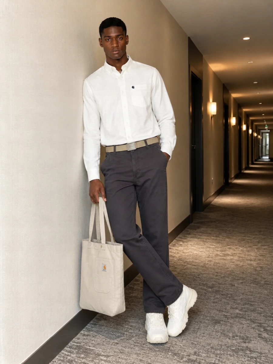 An off-white Carhartt WIP shirt pairs with washed charcoal workwear trousers for a clean, grounded take on utility. Cream technical runners keep it relaxed and mobile, while a stone tote and sand webbing belt tie the neutral palette together. The result is easy city dressing that feels tidy without trying too hard.