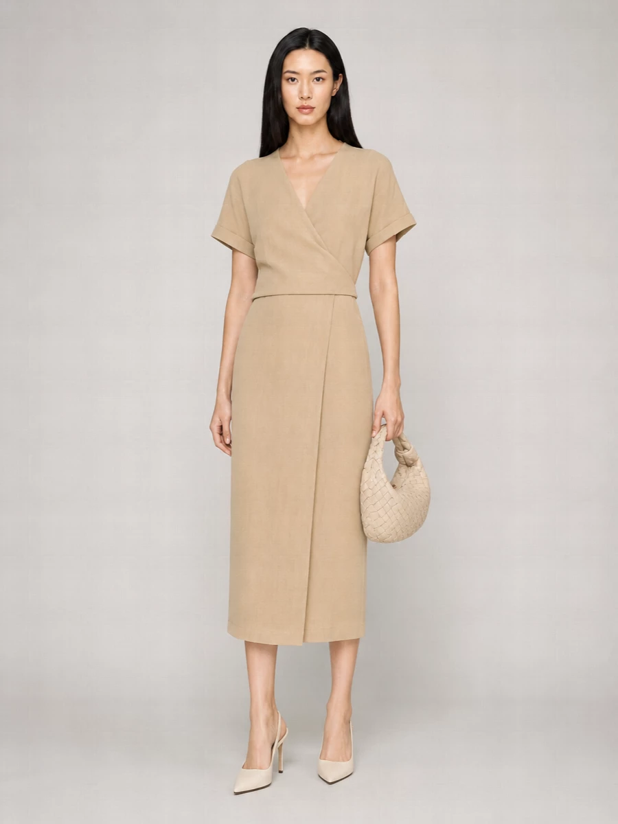Brunello Cucinelli Viscose Linen Wrap V-Neck Short-Sleeve Midi Dress