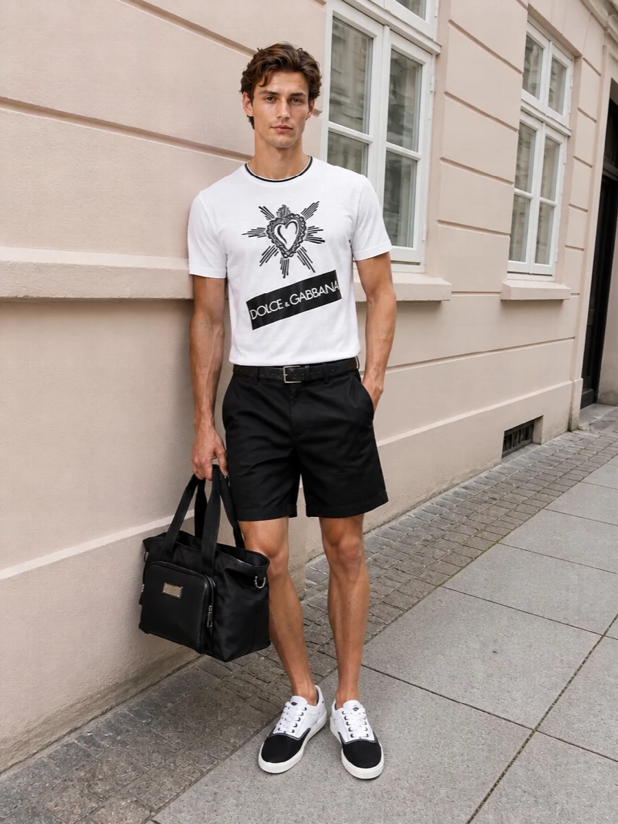 Dolce gabbana graphic tee black shorts outfit