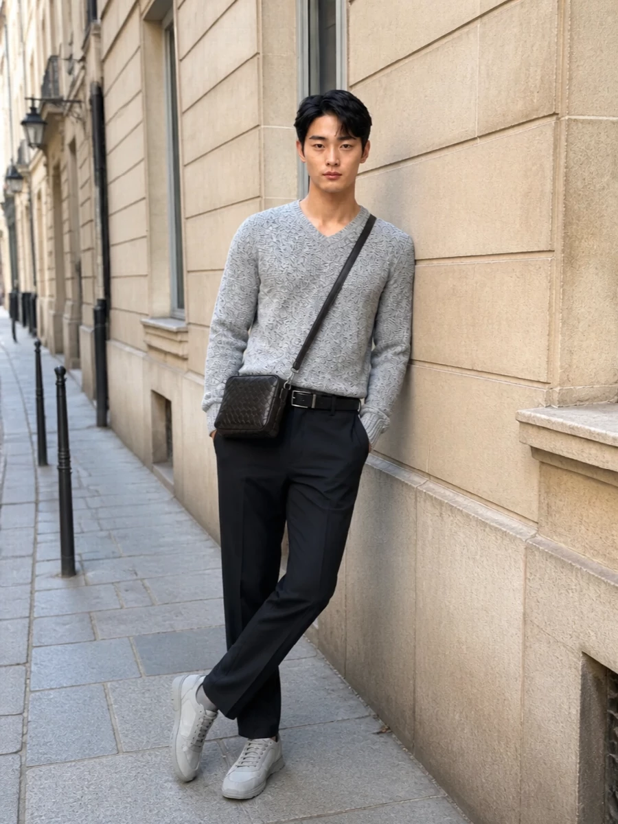 Zegna v neck charcoal trousers outfit