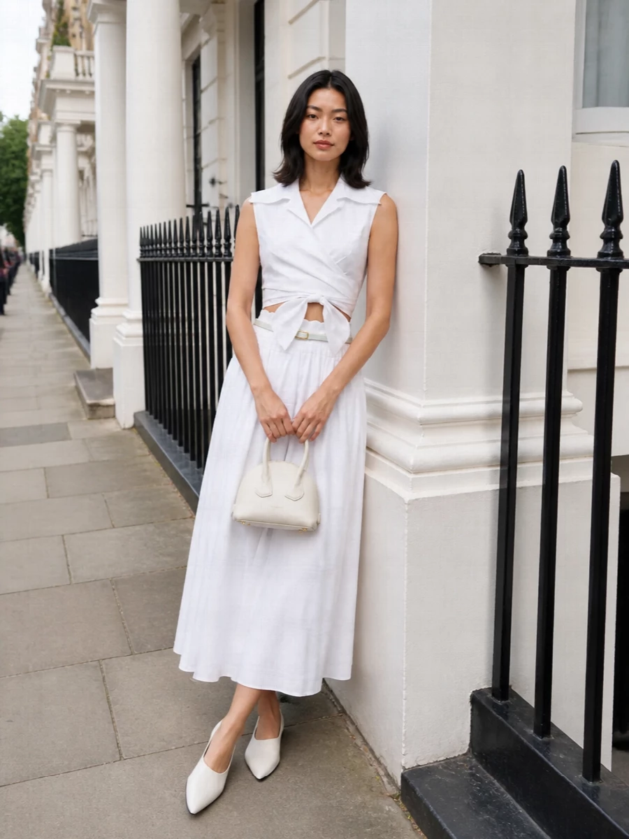 Patou white wrap top midi skirt outfit