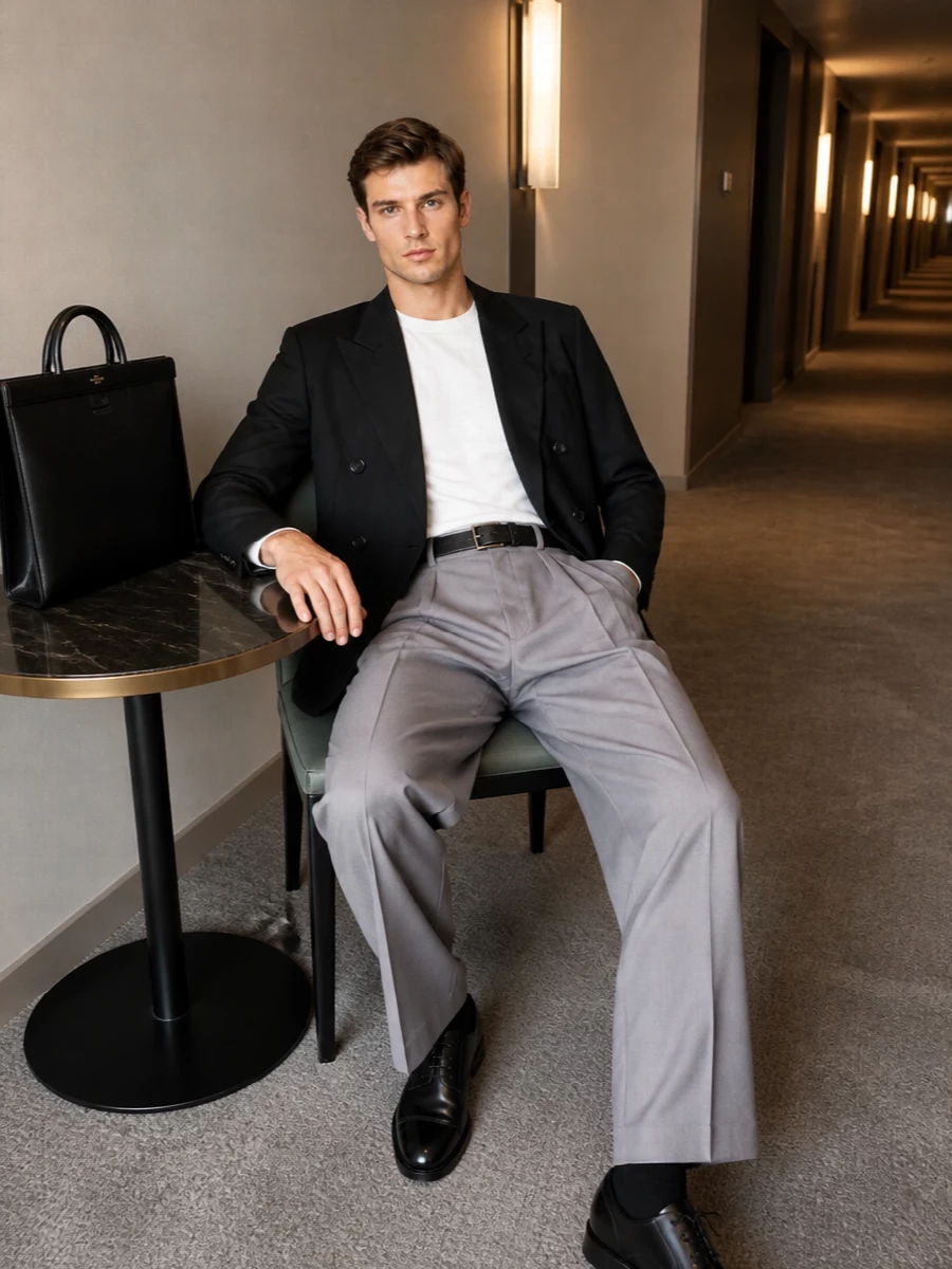 Dries van noten black blazer grey wide leg trousers