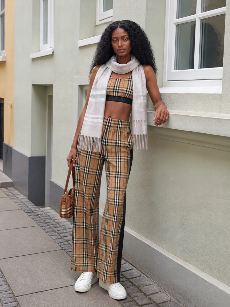 Burberry check wide leg trousers cropped tank sneakers