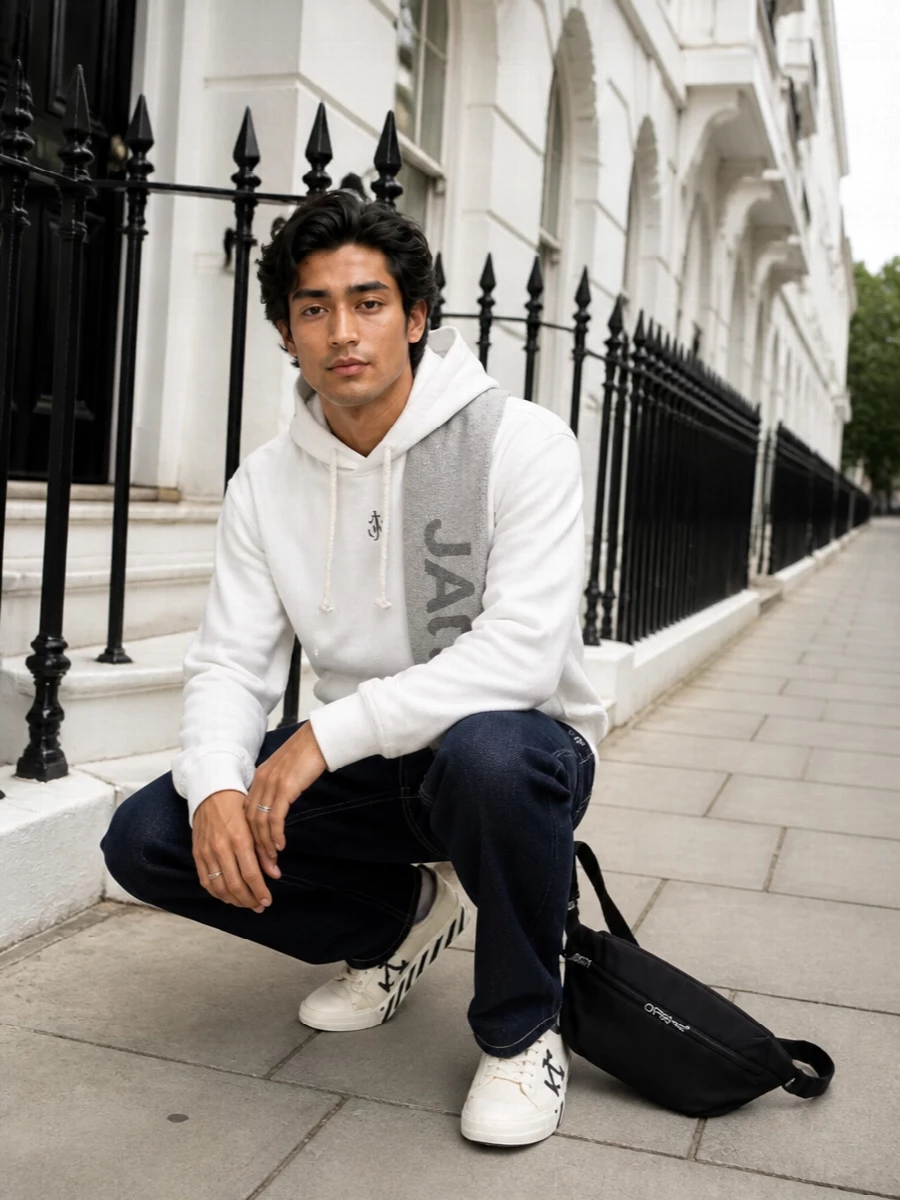 Off-white up top and deep indigo below keeps the mood clean, with quiet logo hits doing the talking rather than loud color. Straight denim and low-profile sneakers hold an easy, regular proportion that still feels intentional. A compact belt bag and soft logo scarf add just enough street detail without cluttering the silhouette.