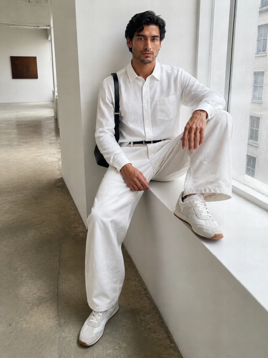 Soft off white and chalky neutrals keep the Sacai trouser feeling crisp and modern, while the longline shirt extends the vertical line for a calm, sculptural profile. Low profile Prada sneakers and a compact black shoulder bag sharpen the ease, giving the volume just enough definition to feel precise rather than relaxed. The result is clean, city ready and quietly technical, ideal for daytime moving into low key evenings.
