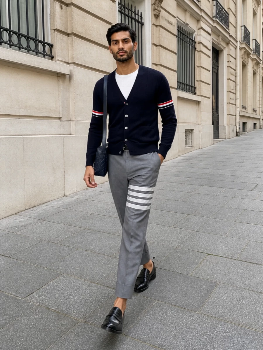Thom browne cardigan grey trousers outfit