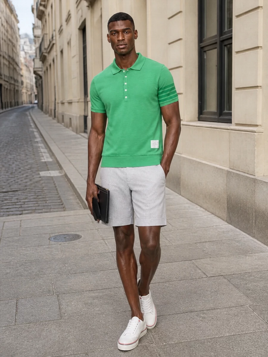 Thom browne green polo pinstripe shorts outfit