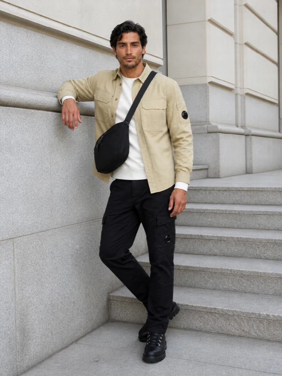 Cp company khaki overshirt cargo pants outfit