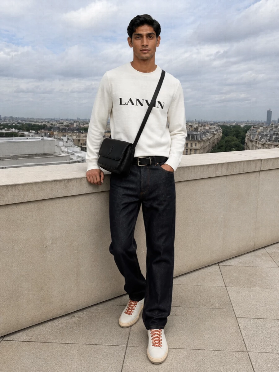 Lanvin dark jeans off white sweatshirt sneakers