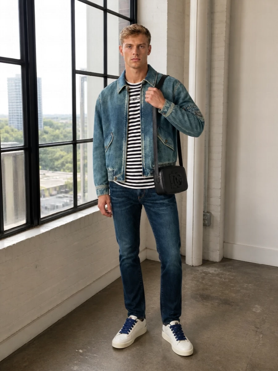 Dolce gabbana denim bomber striped tee outfit