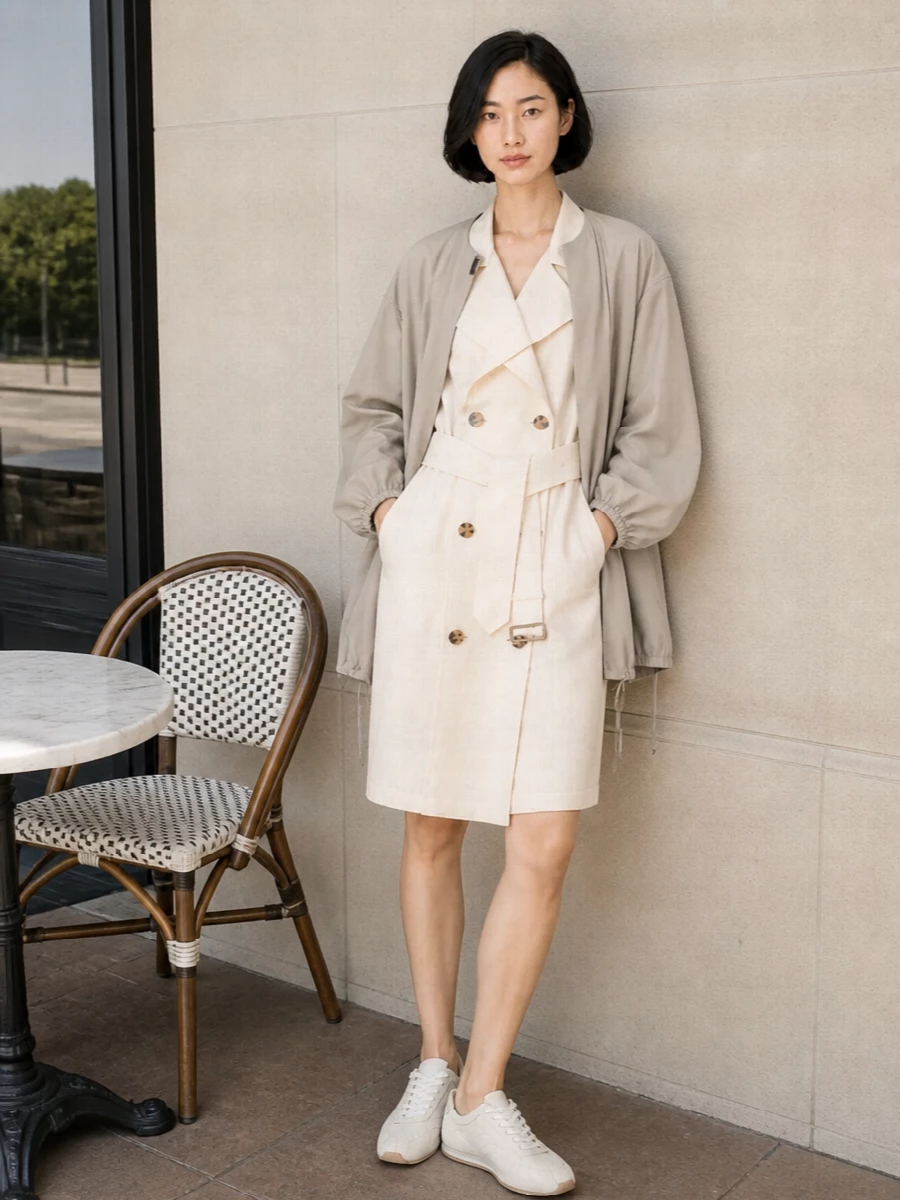 I am styling the Totême cape coat over the Burberry trench dress rather than building a top and trouser set, because doubling into tailored outerwear creates a clear, intentional narrative of utility-driven quiet luxury. The cream trench dress gives you waist definition and sharp lapels under the cape’s sculptural volume, while the cream sneakers and ivory crossbody keep the palette airy and the mood relaxed for daytime city wear. This is the kind of neutral, structured uniform that moves easily from travel days to meetings, always reading calm and considered rather than overworked.