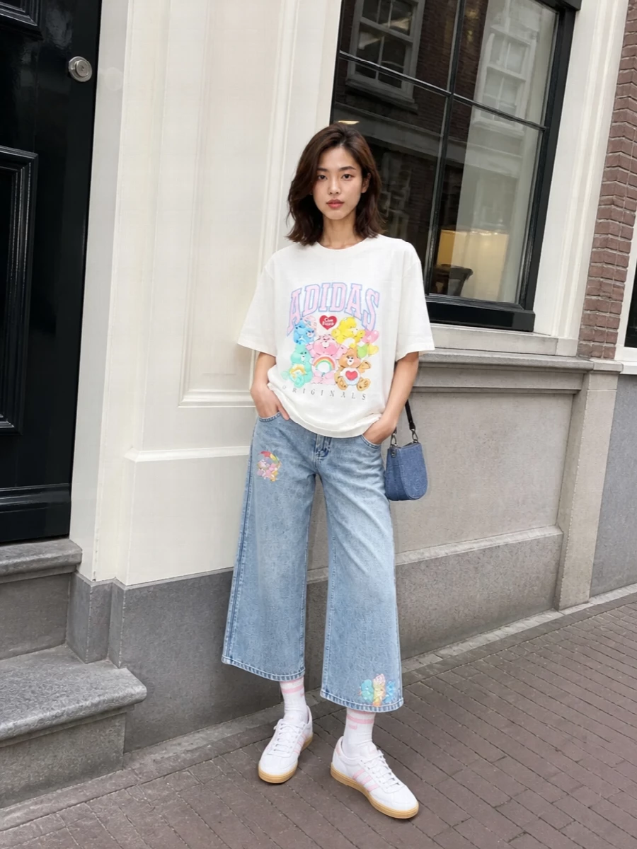 Adidas care bears tee pastel denim jeans