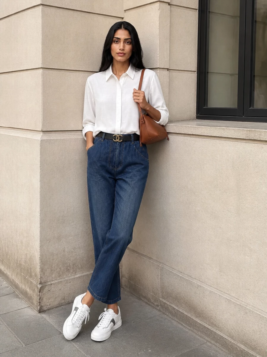 Relaxed mid-indigo denim is elevated with a fluid, longline white shirt, creating an easy column of clean lines that feels fresh and intentional for spring–summer. Optic-white leather sneakers keep the mood polished-off-duty, while a slim navy belt and tan Celine shoulder bag introduce just enough structure and warmth to read quietly luxurious rather than basic. The result is an unfussy, considered daytime look that can move from city errands to a casual lunch with ease.