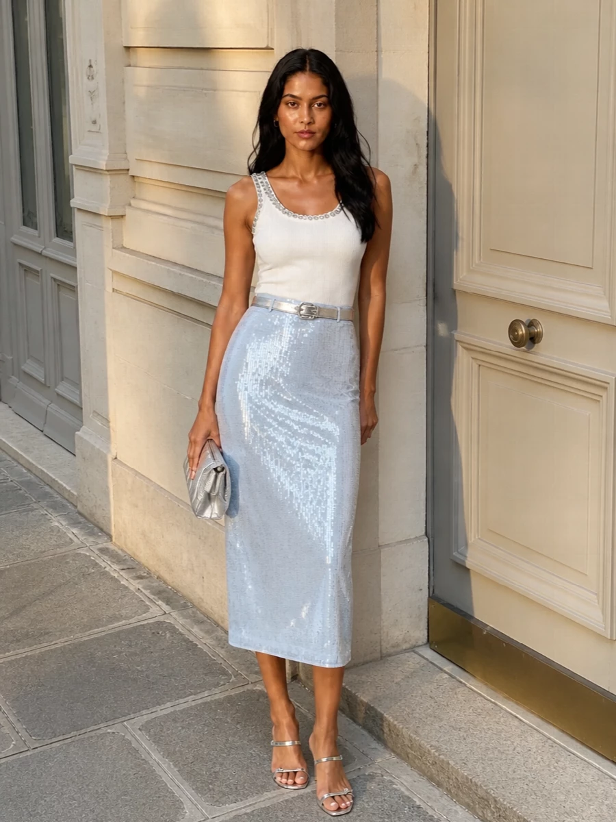 Rotate sequin skirt pinko crystal tank outfit