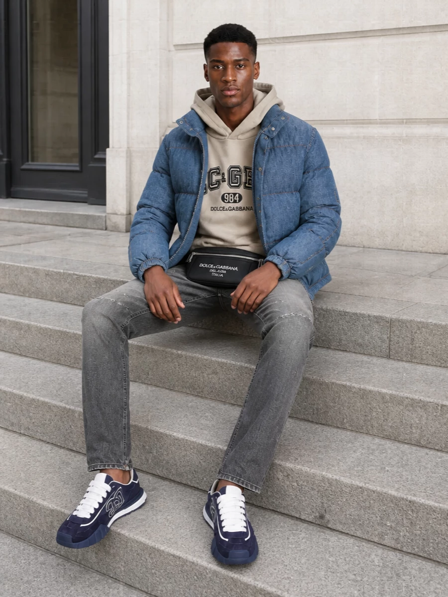 Dolce gabbana denim puffer grey jeans outfit